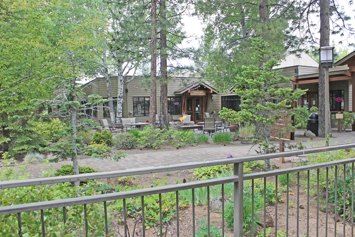 A welcoming patio area with comfortable seating stretches out beside a pathway lined with lush greenery, leading up to the building's entrance. The space is framed by trees and plants, blending relaxation with natural beauty.