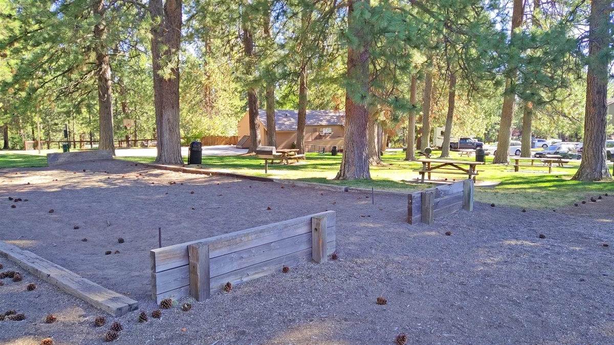 A sunlit sand court is surrounded by trees and picnic tables, with a building visible in the background. The space is open and recreational, ideal for activities, outdoor games, or simply relaxing with family, friends, or pets.